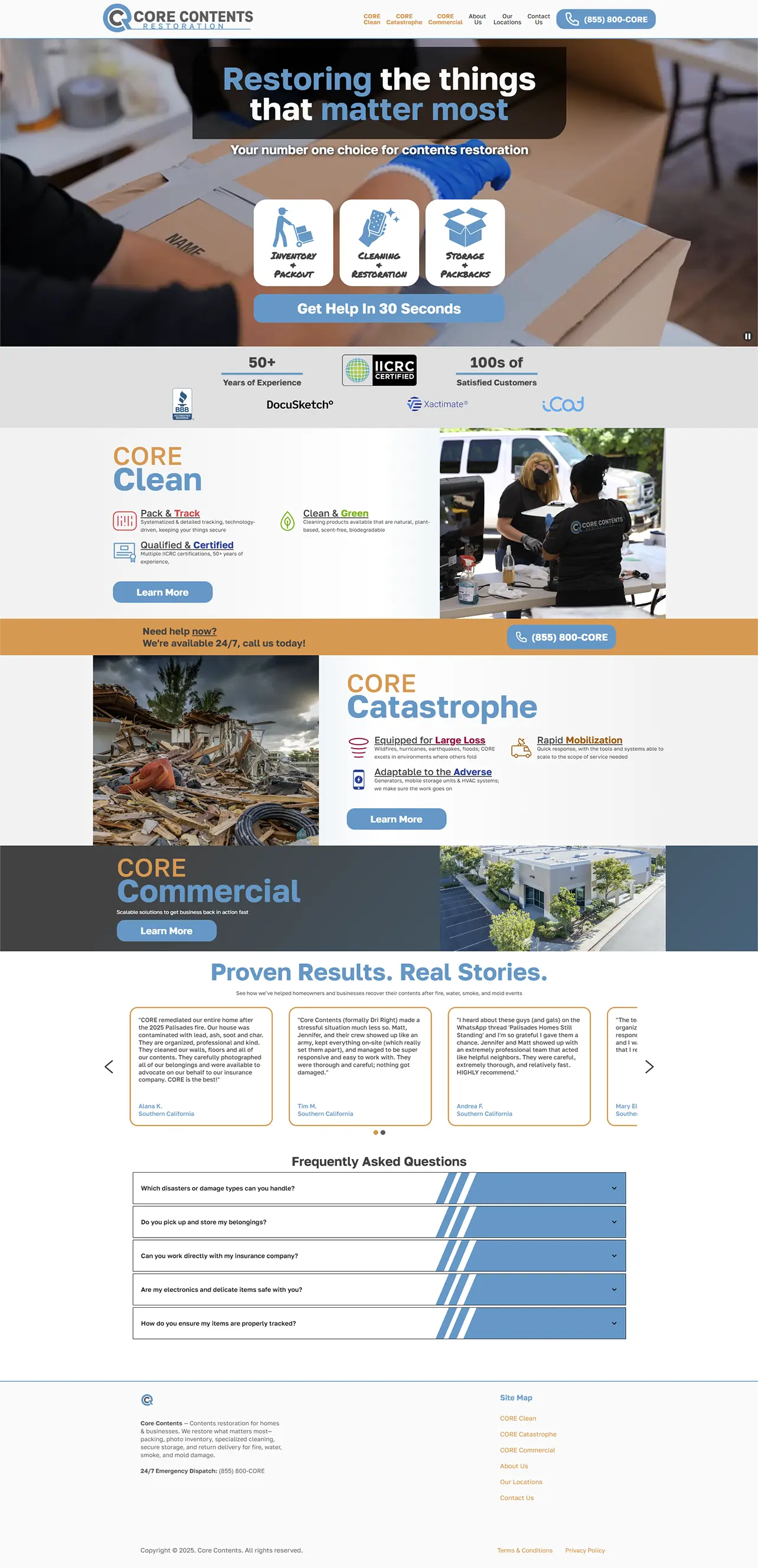 Core Contents Restoration homepage highlighting inventory packout, cleaning restoration, and storage services.