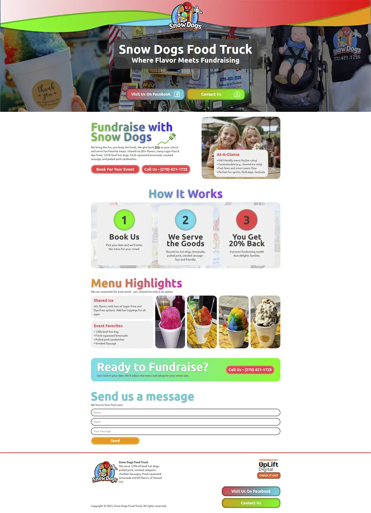 Snow Dogs Food Truck fundraising website with menu highlights and contact form.