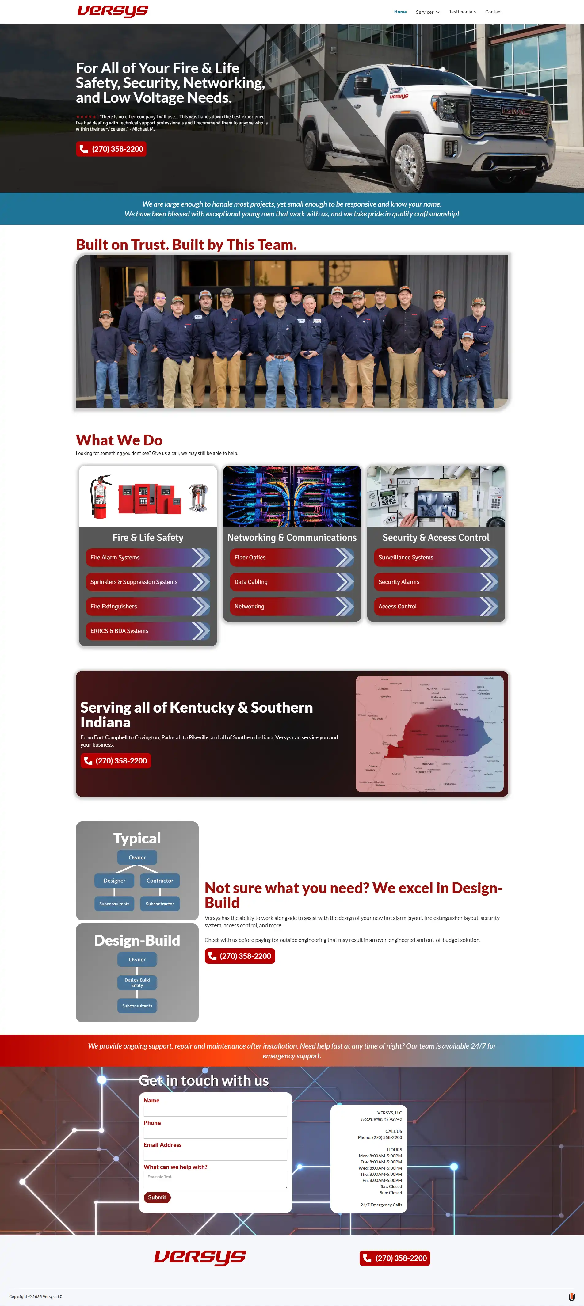 Versys website homepage for fire and life safety, networking, and security services.